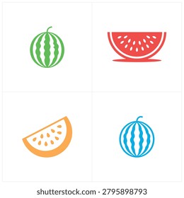 Bright vector icons of watermelon slices and whole fruit in green blue red and orange hues perfect for summer themes or healthy food branding
