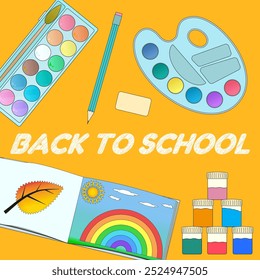 Ilustração vetorial brilhante de material artístico back-to-school, com tintas, paleta, caderno de esboços e lápis. Ideal para projetos educacionais.