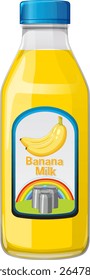 Bright vector illustration of a banana milk bottle with vibrant colors and playful design elements