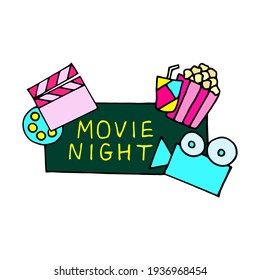 Bright vector illustration with a banner on the theme of cinema on a white background.