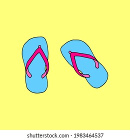 Bright vector illustration with beach flip flops in the sand.
