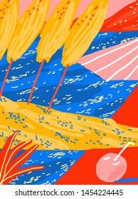 Bright vector illustration of a beach. Vacation themed image