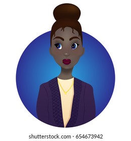 Bright vector illustration. Beautiful dark-skinned girl with big blue eyes, red lips