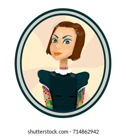 Bright vector illustration. Beautiful modest girl with bright tattoos