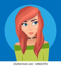 Bright vector illustration. Beautiful red-haired girl with blue eyes