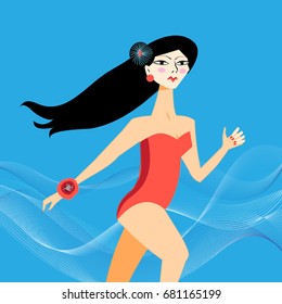 Bright vector illustration with a beautiful running woman on a blue background