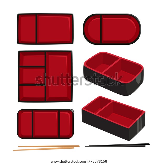 Bright vector
illustration of bento box. Fresh cartoon traditional easten lunch
box isolated on white background used for magazine, book, poster,
card, menu cover, web
pages.