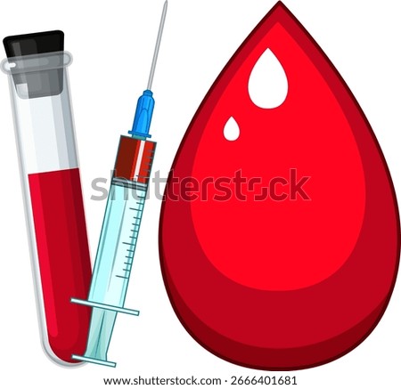 Bright vector illustration of a blood drop, syringe, and test tube with bold outlines, flat colors, and clean, medical-themed composition