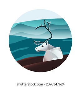 Ilustración vectorial brillante en colores azul y marrón con un ciervo en círculo.