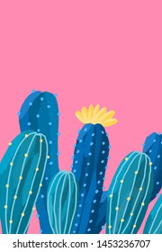 Bright vector illustration of blue cacti. Beautiful image of a plant on pink background