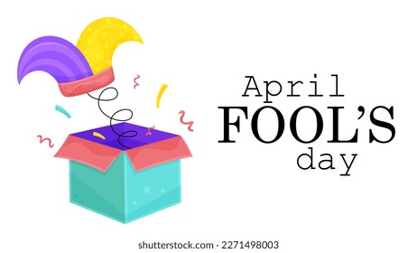bright vector illustration card of a surprise box, april fools day, clown hat 