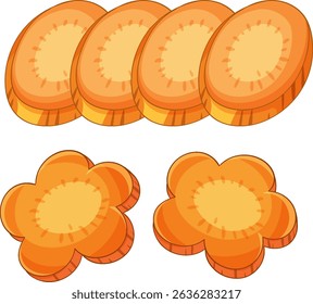 Bright vector illustration of carrot slices with a playful, cartoon style. Perfect for food-related designs and educational materials