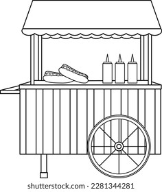bright vector illustration of a cart with hot dogs, fast food, street food, doodle and sketch, coloring book 