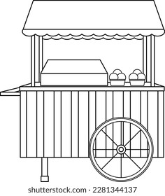 bright vector illustration of a cart with ice cream, sweet snacks, street food, sweets for children, doodle and sketch, coloring book 