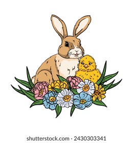 Bright vector illustration with a chicken and a rabbit in the grass with flowers. Image for Easter card, print, sticker