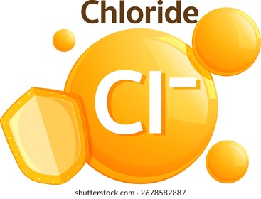 Bright vector illustration of chloride ion symbol on yellow shield, flat design, circular composition.