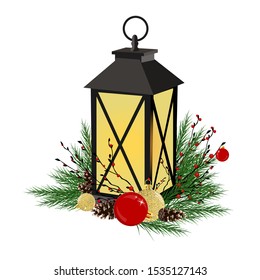 
Bright vector illustration Christmas pine cone with a bow on a Christmas tree branch, lantern, Christmas balls, branches with berries to use for decoration, books, cards, stickers