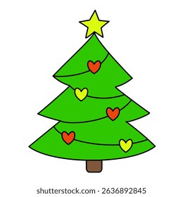Bright vector illustration of a Christmas tree decorated with red and yellow hearts and a star on top. Fun festive design perfect for cards, stickers, and kids’ projects.