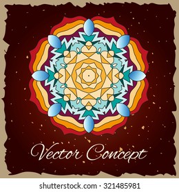 Bright vector illustration with a circular ornament in the form of a mandala on the grunge background.