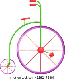 bright vector illustration of a circus bike, a bicycle with a large and small wheel, circus equipment 