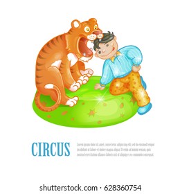 Bright vector illustration of circus performance. Brave lion tamer put his head into the open toothy mouth of a trained tiger. The announcement of the presentation, leaflet