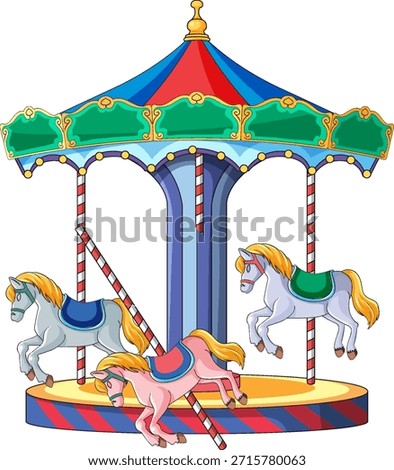 Bright vector illustration of classic amusement park carousel with three decorative horses and striped canopy