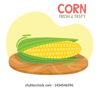 Bright vector illustration of colorful corn. Fresh cartoon organic vegetable with name on cutting board isolated on white background used for magazine, book, poster, card, menu cover, web pages.