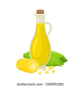 Bright vector illustration of colorful of corn oil in glass bottle. Fresh cartoon product isolated on white background used for magazine, book, poster, card, menu cover, web pages.