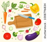 Bright vector illustration of colorful cutting board, knife and vegetables. Cooking card poster with tomatoes, pepper, onion, carrot, radish, garlic used for magazine, poster, card, menu cover, web.