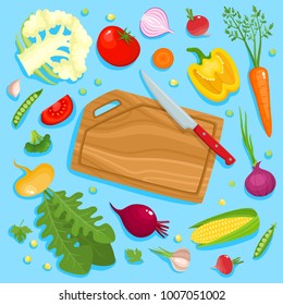 Bright vector illustration of colorful cutting board, knife and vegetables. Cooking card poster with tomatoes, pepper, onion, carrot, radish, garlic used for magazine, poster, card, menu cover, web.