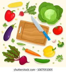 Bright vector illustration of colorful cutting board, knife and vegetables. Cooking card poster with tomatoes, pepper, onion, carrot, radish, garlic used for magazine, poster, card, menu cover, web.
