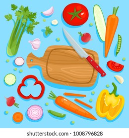 Ilustración vectorial brillante de cartón colorido, cuchillo y verduras. Cartel de cocina con tomates, pimienta, cebolla, zanahoria, rábano, ajo usado para revista, afiche, tarjeta, portada de menú, web.
