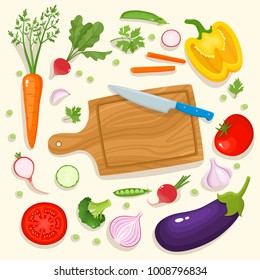 Bright vector illustration of colorful cutting board, knife and vegetables. Cooking card poster with tomatoes, pepper, onion, carrot, radish, garlic used for magazine, poster, card, menu cover, web.