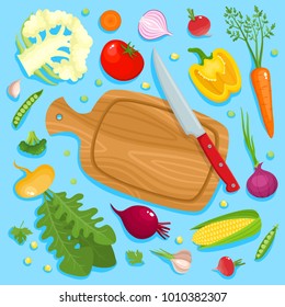 Bright vector illustration of colorful cutting board, knife and vegetables. Cooking card poster with tomatoes, pepper, onion, carrot, radish, garlic used for magazine, poster, card, menu cover, web.