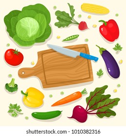 Bright vector illustration of colorful cutting board, knife and vegetables. Cooking card poster with tomatoes, pepper, onion, carrot, radish, garlic used for magazine, poster, card, menu cover, web.