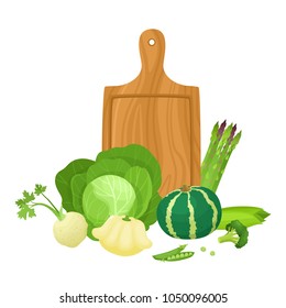 Bright vector illustration of colorful cutting board and vegetables. Cooking card poster with corn, cabbage, pumpkin, celery, asparagus, peas used for magazine, poster, card, menu cover, web.