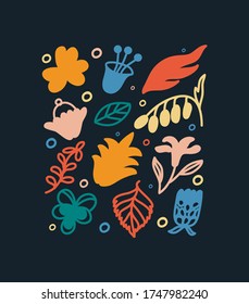 Bright vector illustration. Colorful floral elements on dark background. Plants, leaves, flowers, nature. Decoration for cards, posters, stationery.
