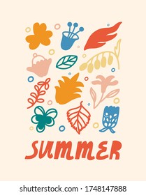 Bright vector illustration. Colorful floral elements with lettering "Summer". Plants, leaves, flowers, nature. Decoration for cards, posters, stationery, tote bags.