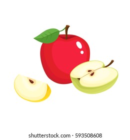 Bright vector illustration of colorful half, slice and segment of juicy apple. Fresh cartoon apples on white background.