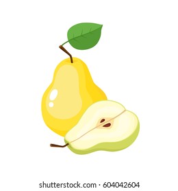 Bright vector illustration of colorful half and whole of juicy pear. Fresh cartoon pears on white background.