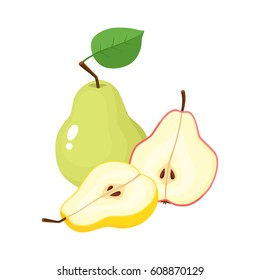 Bright vector illustration of colorful half and whole of juicy pear. Fresh cartoon pears on white background.