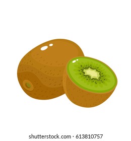 Bright vector illustration of colorful half and whole of fresh kiwi. Fresh cartoon kiwi isolated on white background.