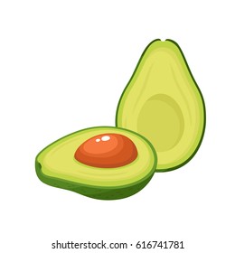 Bright vector illustration of colorful half and whole of fresh avocado. Fresh cartoon avocados isolated on white background.