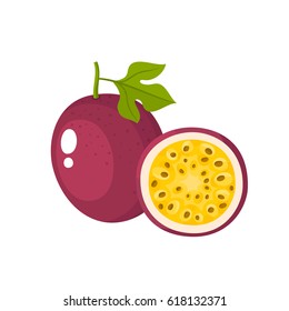 Bright vector illustration of colorful half and whole of passion fruit. Fresh cartoon exotic passion fruit isolated on white background.