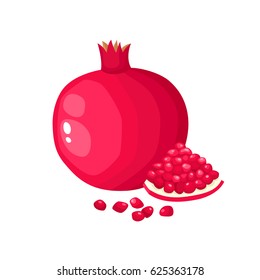 Bright vector illustration of colorful half, slice and whole of juice pomegranate. Fresh cartoon fruit isolated on white background.