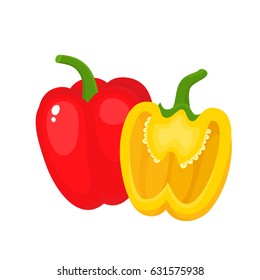 Bright vector illustration of colorful half and whole of juice sweet pepper. Fresh cartoon vegetable isolated on white background. Illustration used for magazine, poster, card, menu cover, web pages.