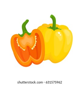 Bright vector illustration of colorful half and whole of juice sweet pepper. Fresh cartoon vegetable isolated on white background. Illustration used for magazine, poster, card, menu cover, web pages.