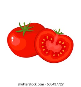 Bright vector illustration of colorful half and whole of juice tomato. Fresh cartoon vegetable isolated on white background. Illustration used for magazine, book, poster, card, menu cover, web pages.