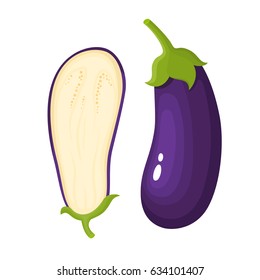 Bright vector illustration of colorful half, slice and whole of eggplants. Fresh cartoon vegetable isolated on white background. Illustration used for magazine, poster, card, menu cover, web pages.