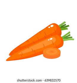 Bright vector illustration of colorful half, slice and whole of carrot. Fresh cartoon vegetable isolated on white background. Illustration used for magazine, book, poster, card, menu cover, web pages.